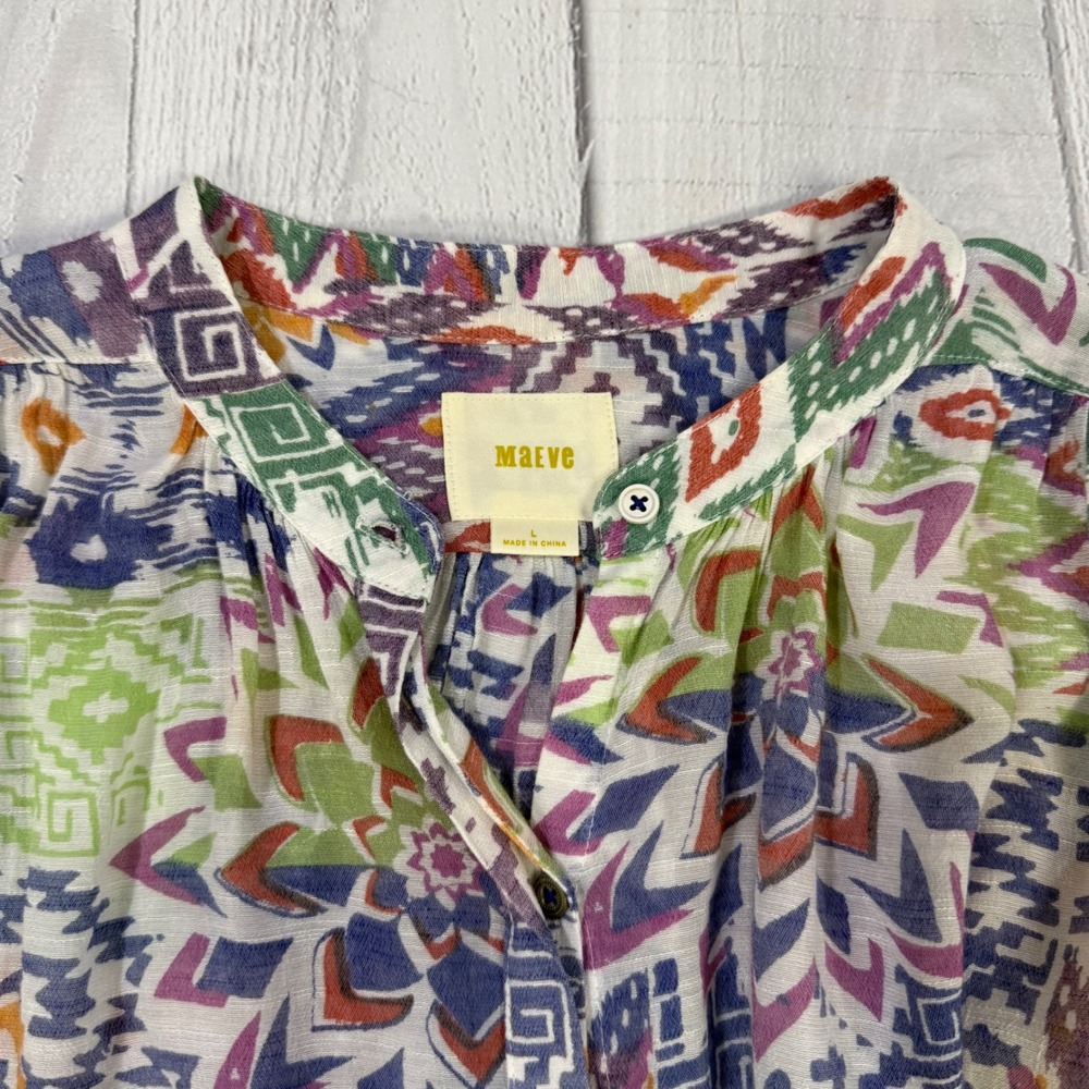 Maeve Anthropologie Womens Large Multi Color Geometric Ikat Button Front Blouse - Picture 3 of 8